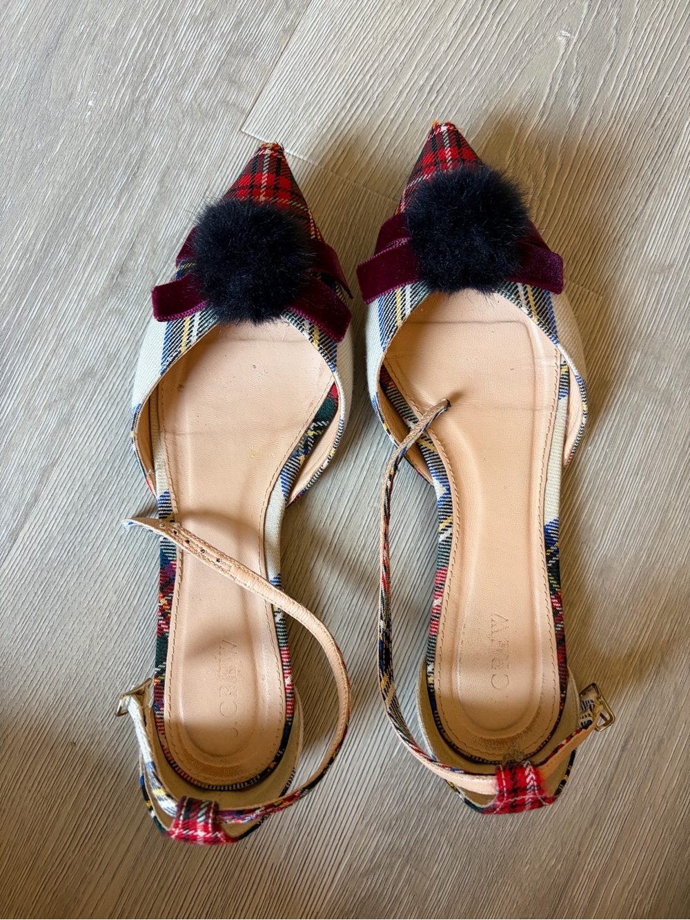 J. Crew Plaid Pointed Toe Flats with Black Pom Pom